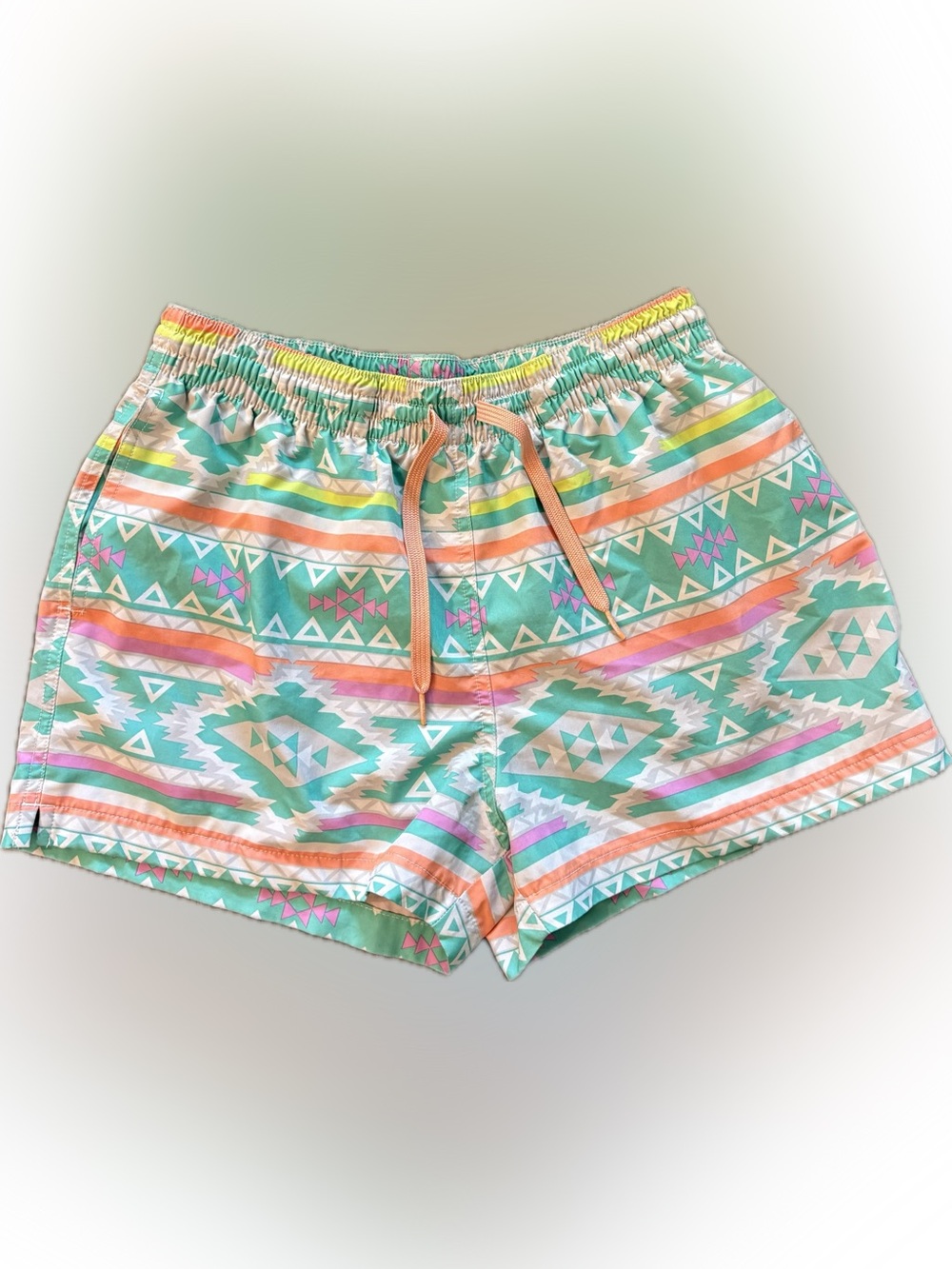 chubbies Men's Aztec Stripe Swim Trunks in Teal, Coral, Yellow